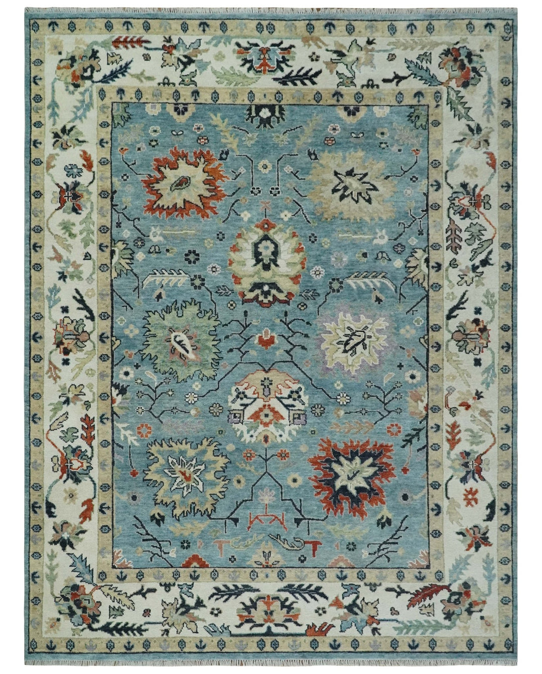 Blue, Ivory and Beige 8x10 and 9x12 Hand knotted Traditional Oushak Wool Area Rug - The Rug Decor