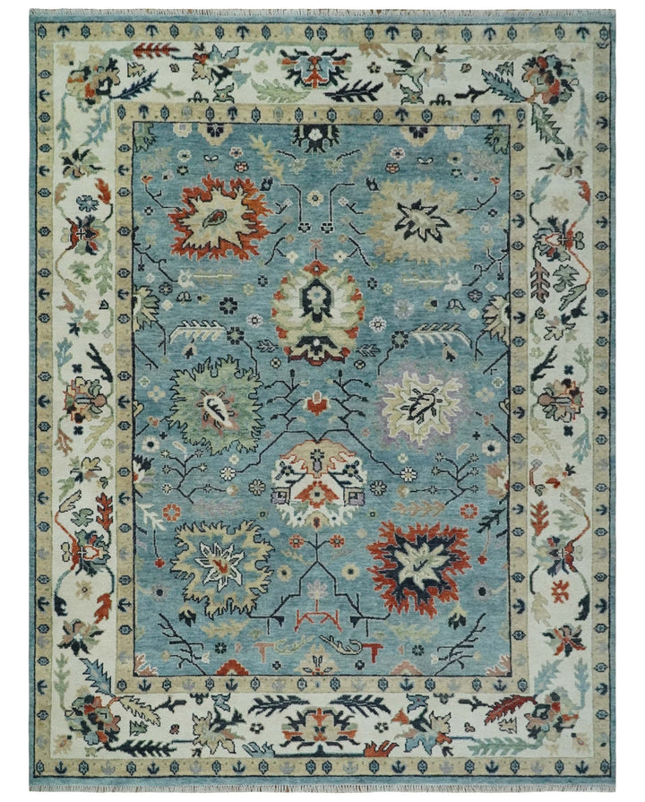 Blue, Ivory and Beige 8x10 and 9x12 Hand knotted Traditional Oushak Wool Area Rug - The Rug Decor