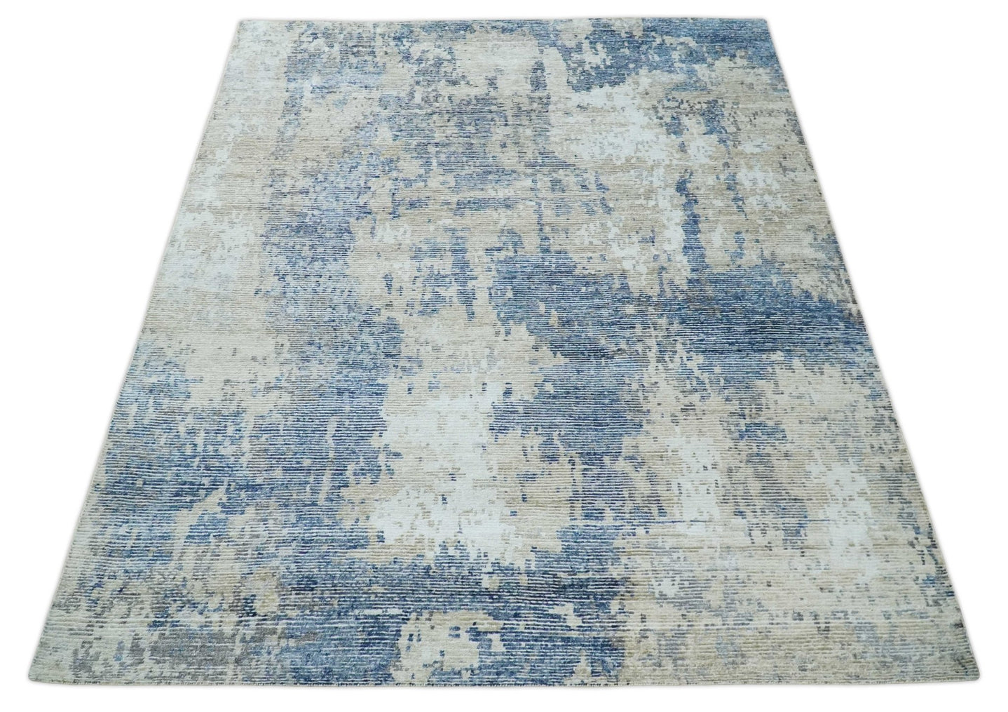 Blue, Ivory and Beige Hand Knotted Abstract 8x10 Bamboo Silk Area Rug | TRD2911 - The Rug Decor