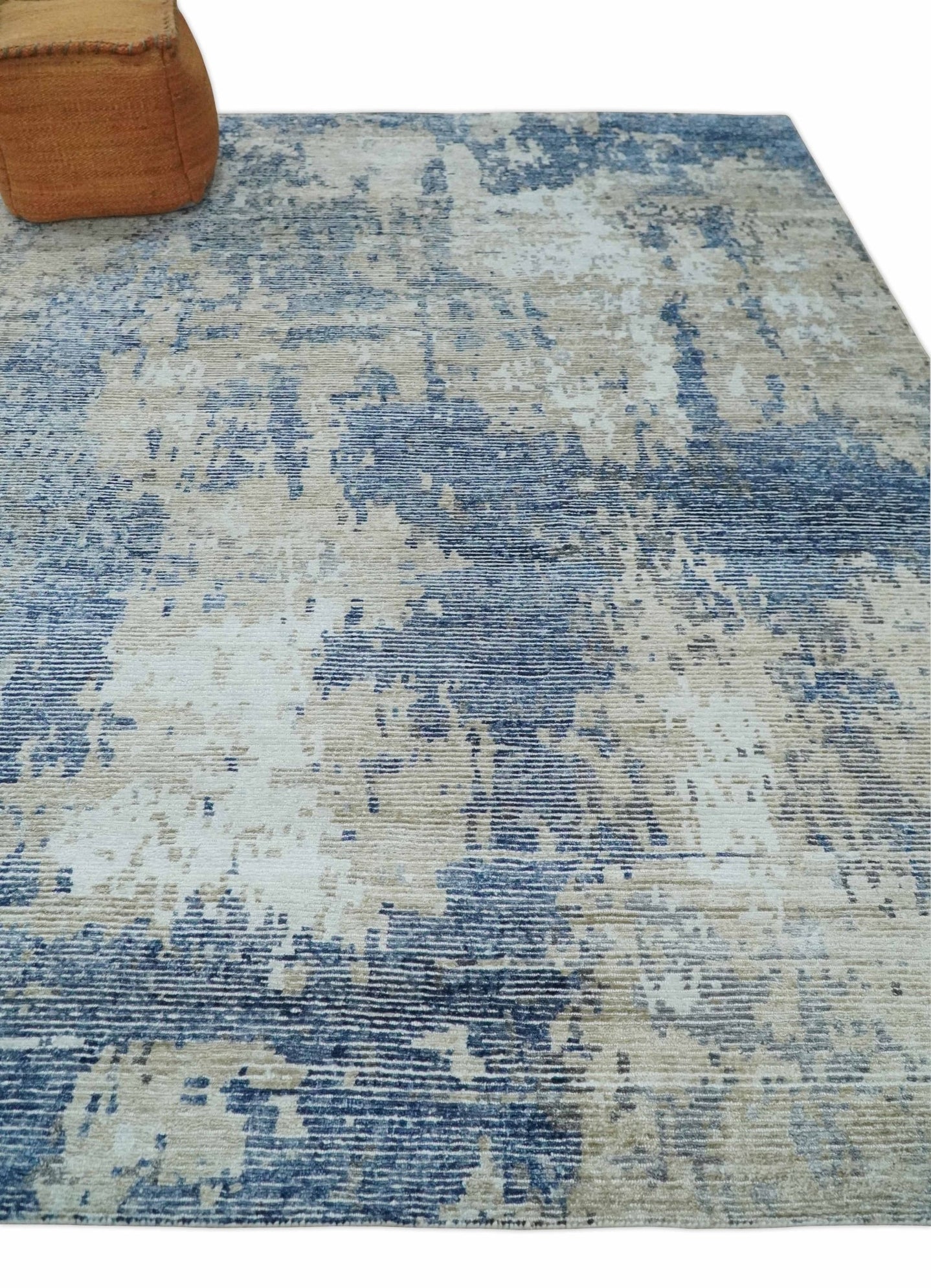 Blue, Ivory and Beige Hand Knotted Abstract 8x10 Bamboo Silk Area Rug | TRD2911 - The Rug Decor