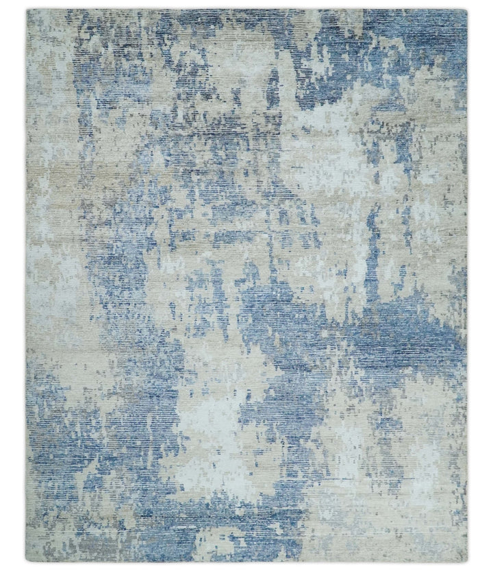 Blue, Ivory and Beige Hand Knotted Abstract 8x10 Bamboo Silk Area Rug | TRD2911 - The Rug Decor