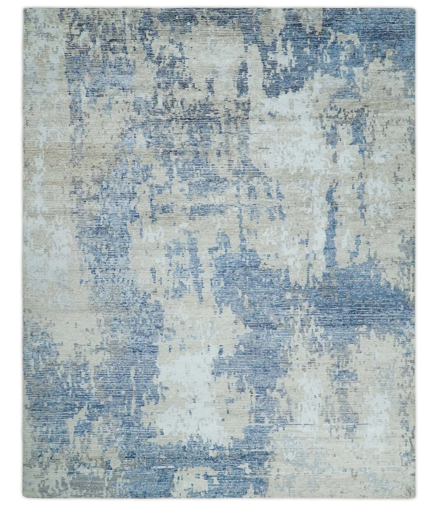 Blue, Ivory and Beige Hand Knotted Abstract 8x10 Bamboo Silk Area Rug | TRD2911 - The Rug Decor