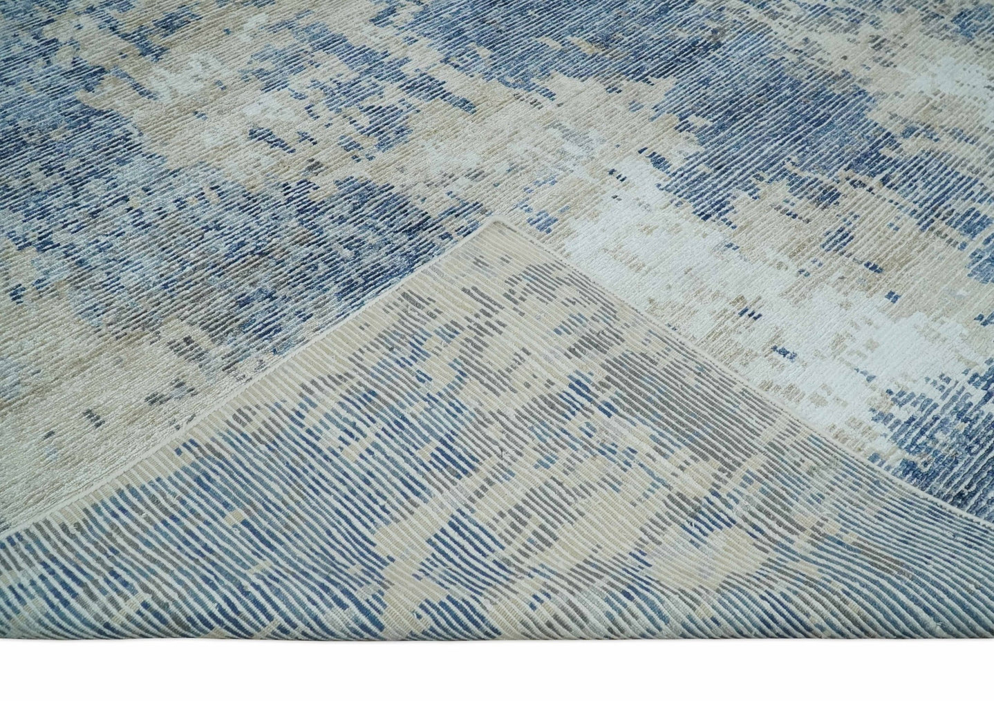 Blue, Ivory and Beige Hand Knotted Abstract 8x10 Bamboo Silk Area Rug | TRD2911 - The Rug Decor