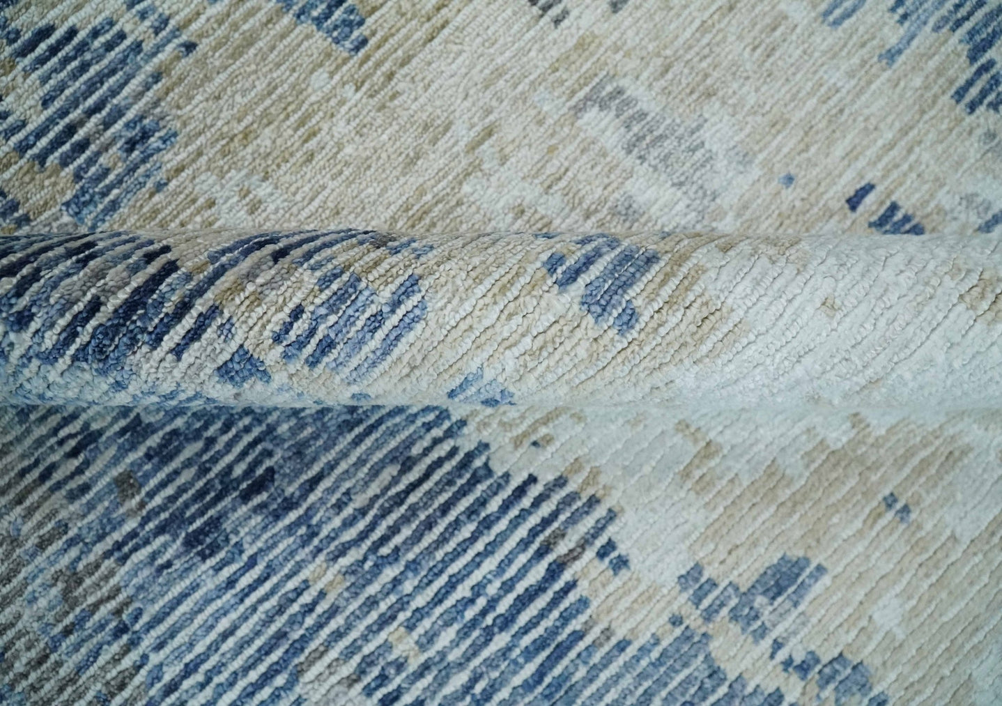 Blue, Ivory and Beige Hand Knotted Abstract 8x10 Bamboo Silk Area Rug | TRD2911 - The Rug Decor