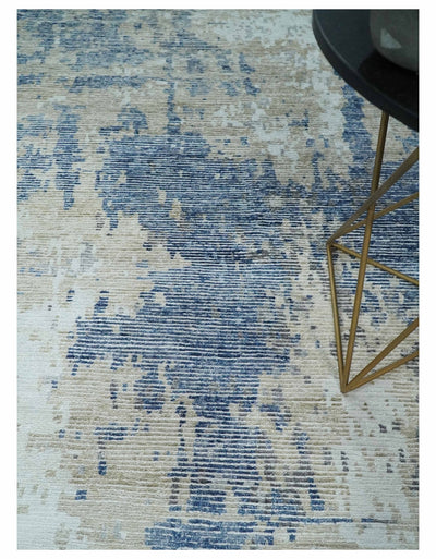 Blue, Ivory and Beige Hand Knotted Abstract 8x10 Bamboo Silk Area Rug | TRD2911 - The Rug Decor