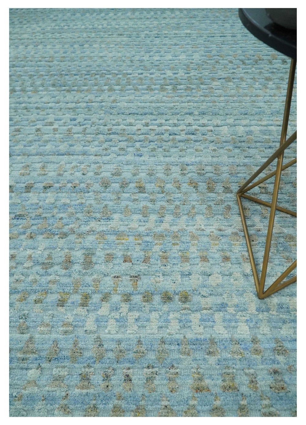 Blue, Ivory and Brown Hand carved Texture Hand Knotted 9x12 Wool Area Rug - The Rug Decor