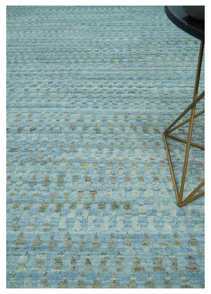 Blue, Ivory and Brown Hand carved Texture Hand Knotted 9x12 Wool Area Rug - The Rug Decor