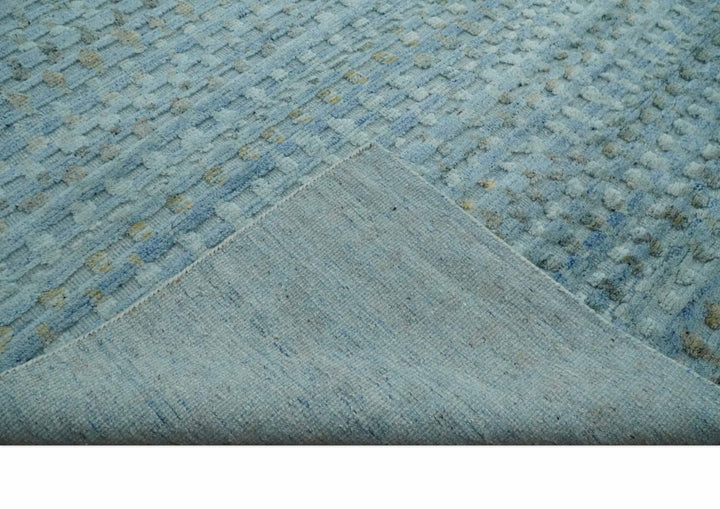 Blue, Ivory and Brown Hand carved Texture Hand Knotted 9x12 Wool Area Rug - The Rug Decor