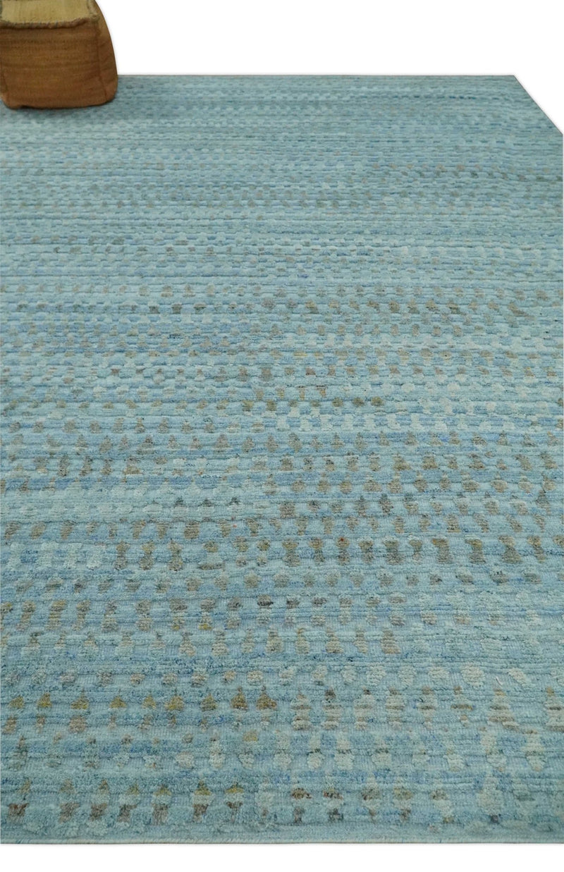 Blue, Ivory and Brown Hand carved Texture Hand Knotted 9x12 Wool Area Rug - The Rug Decor