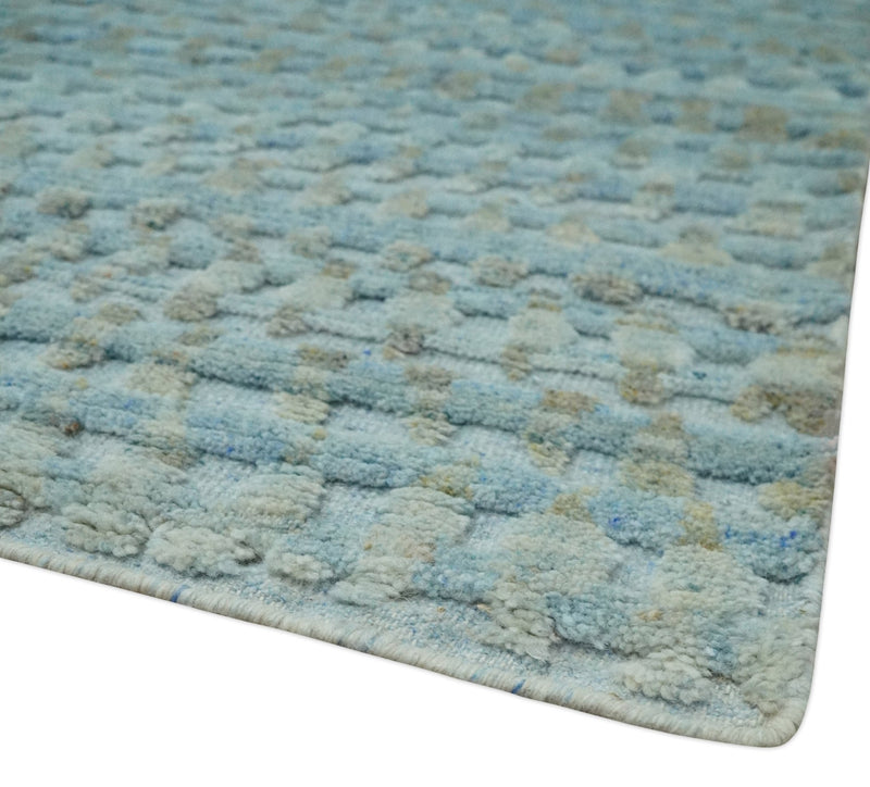 Blue, Ivory and Brown Hand carved Texture Hand Knotted 9x12 Wool Area Rug - The Rug Decor