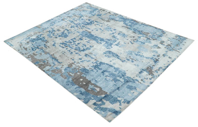 Blue, Ivory and Brown Hand knotted Abstract wool and Silk Blended 8x10 Area Rug - The Rug Decor