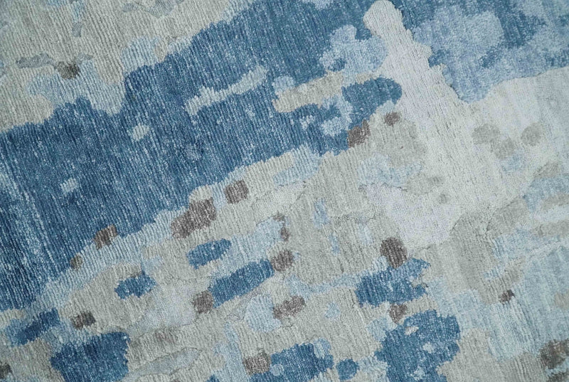 Blue, Ivory and Brown Hand knotted Abstract wool and Silk Blended 8x10 Area Rug - The Rug Decor