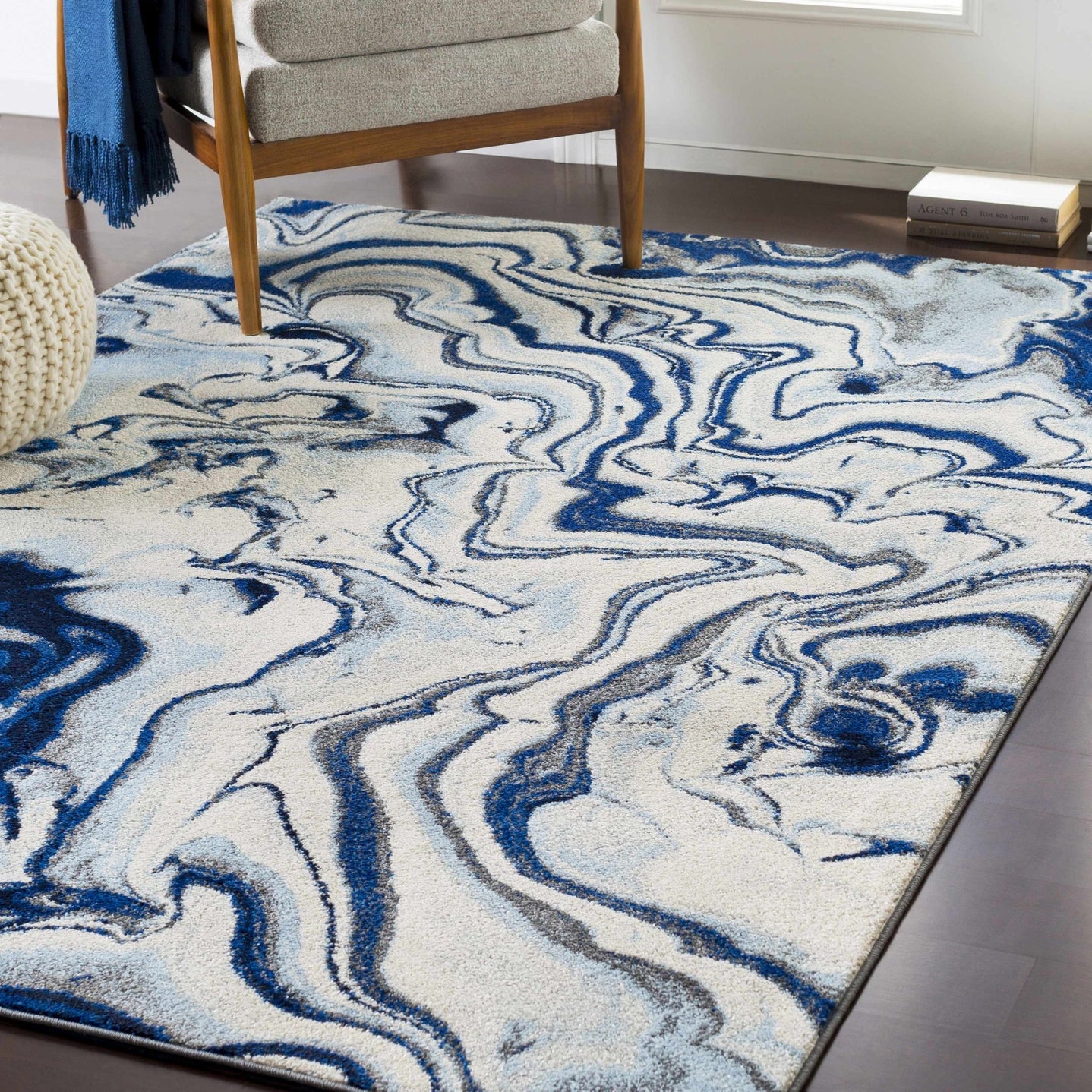Blue, Ivory and Charcoal Modern Abstract marble Design Area Rug - The Rug Decor