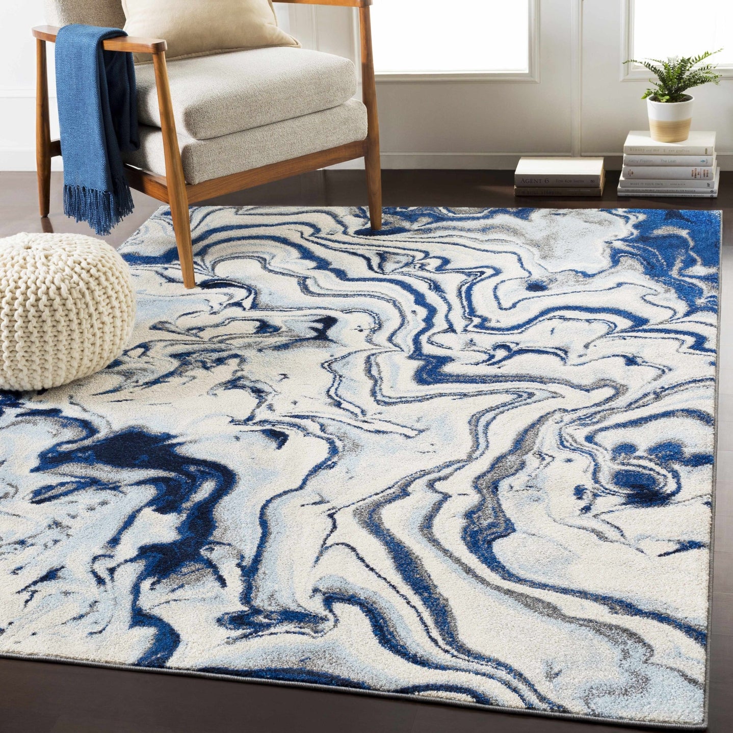 Blue, Ivory and Charcoal Modern Abstract marble Design Area Rug - The Rug Decor