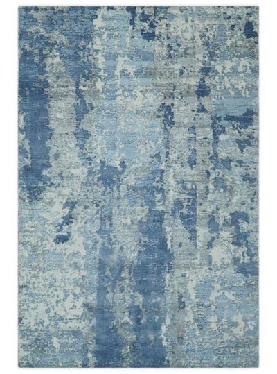 Blue, Ivory and Gray Modern Abstract 6x9 Hand Loomed Blended wool and Art silk Area Rug - The Rug Decor