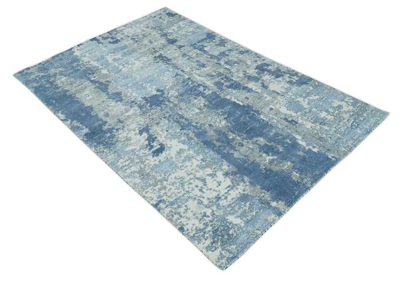 Blue, Ivory and Gray Modern Abstract 6x9 Hand Loomed Blended wool and Art silk Area Rug - The Rug Decor