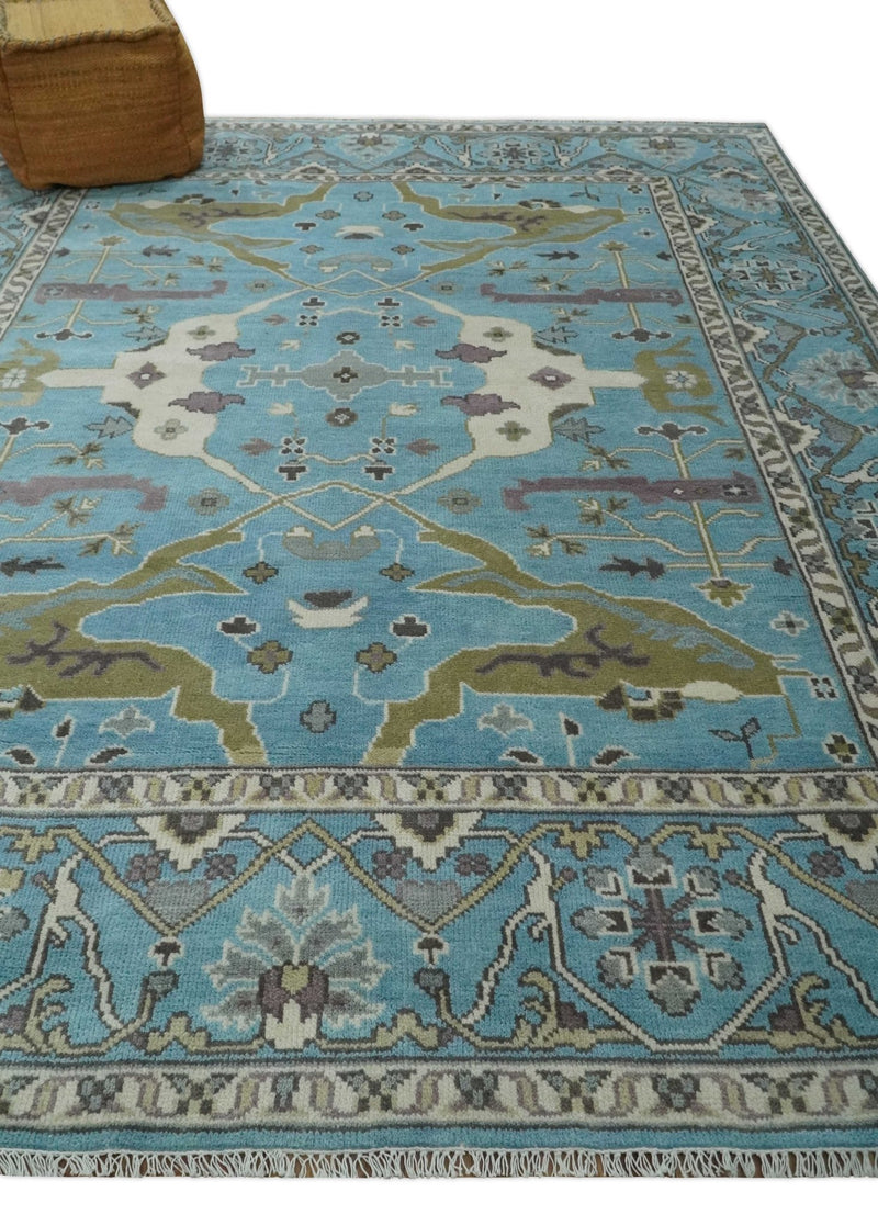 Blue, Ivory and Olive Hand knotted Oriental Oushak 8x10 wool Area Rug - The Rug Decor