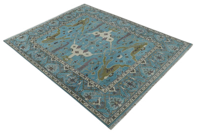 Blue, Ivory and Olive Hand knotted Oriental Oushak 8x10 wool Area Rug - The Rug Decor