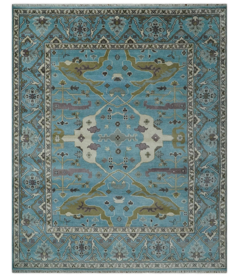 Blue, Ivory and Olive Hand knotted Oriental Oushak 8x10 wool Area Rug - The Rug Decor