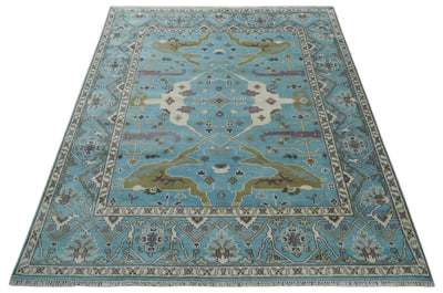 Blue, Ivory and Olive Hand knotted Oriental Oushak 8x10 wool Area Rug - The Rug Decor