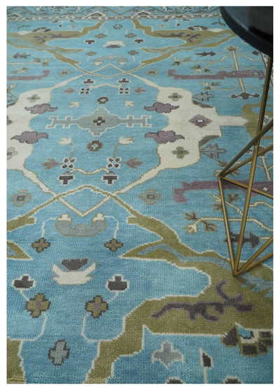 Blue, Ivory and Olive Hand knotted Oriental Oushak 8x10 wool Area Rug - The Rug Decor