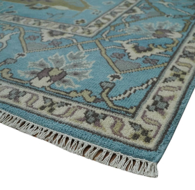 Blue, Ivory and Olive Hand knotted Oriental Oushak 8x10 wool Area Rug - The Rug Decor