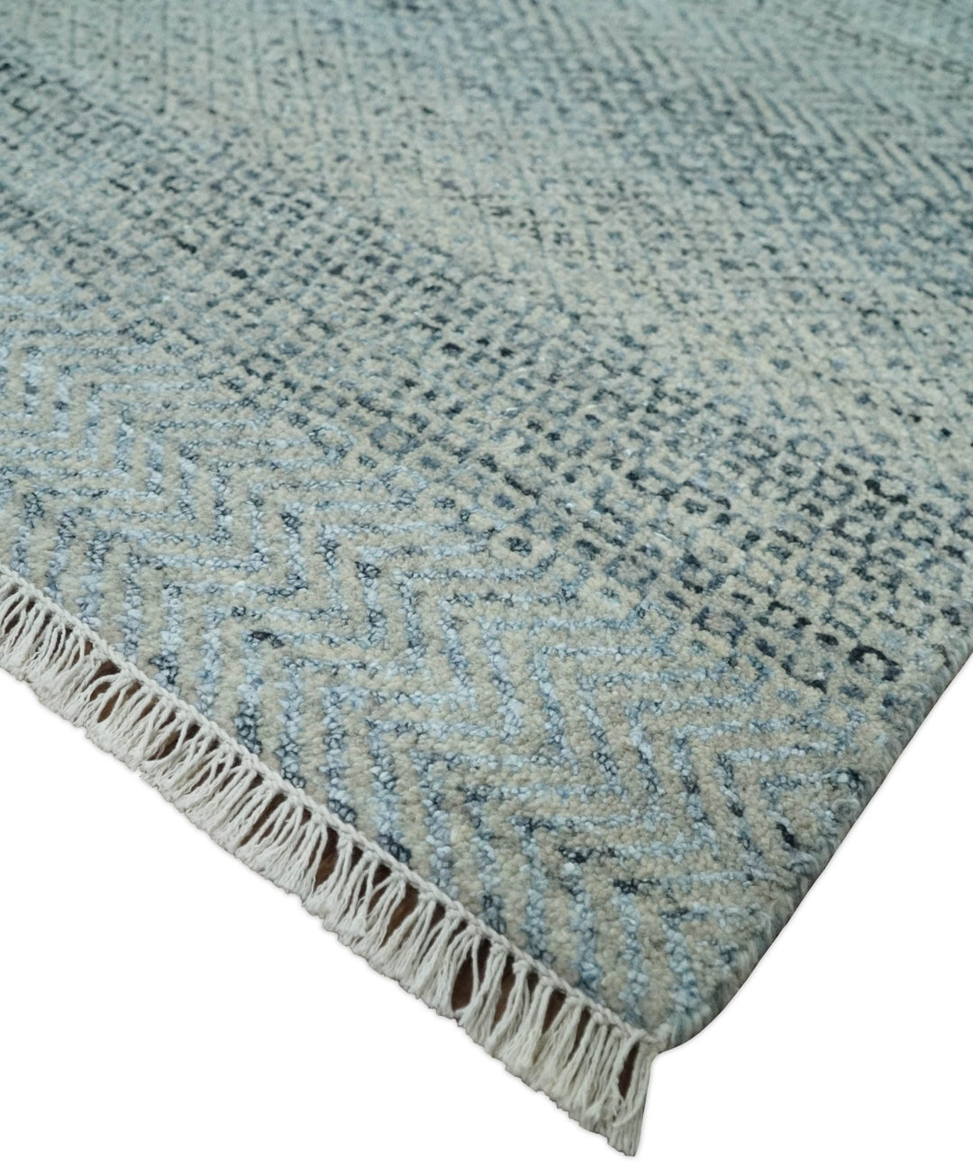 Blue, Ivory and Silver 8x10 Hand Knotted Modern Geometric Trellis Scandinavian Wool Area Rug | TRDCP934810 - The Rug Decor