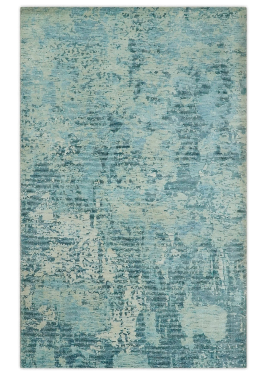 Blue, Light Blue and Beige Modern Abstract 5x8 Wool and Viscose Area Rug - The Rug Decor