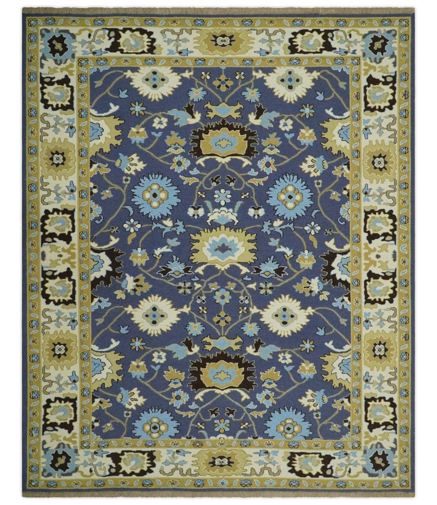 Blue, Mustard and Charcoal Hand-Knotted Sumac Weave oriental Oushak 8x10 wool Area Rug - The Rug Decor