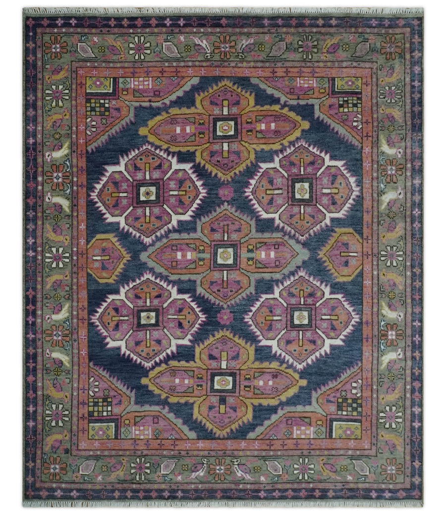 Blue, Purple and Green hand knotted Traditional Heriz Serapi Wool Area Rug - The Rug Decor