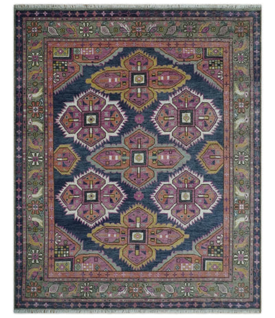 Blue, Purple and Green hand knotted Traditional Heriz Serapi Wool Area Rug - The Rug Decor