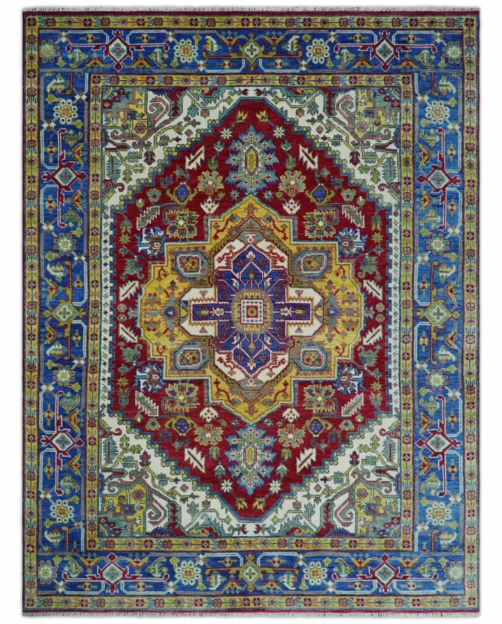 Blue, Red and Gold Hand Knotted Antique 5x8, 6x9, 8x10, 9x12, 10x14 and 12x15 Traditional Heriz Serapi Wool Rug | TRDCP1344 - The Rug Decor