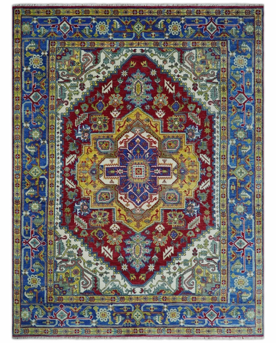 Blue, Red and Gold Hand Knotted Antique 5x8, 6x9, 8x10, 9x12, 10x14 and 12x15 Traditional Heriz Serapi Wool Rug | TRDCP1344 - The Rug Decor