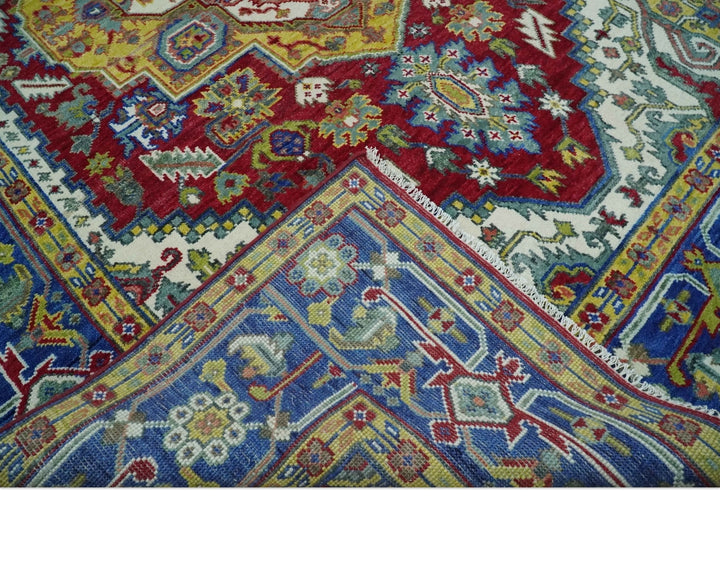Blue, Red and Gold Hand Knotted Antique 5x8, 6x9, 8x10, 9x12, 10x14 and 12x15 Traditional Heriz Serapi Wool Rug | TRDCP1344 - The Rug Decor