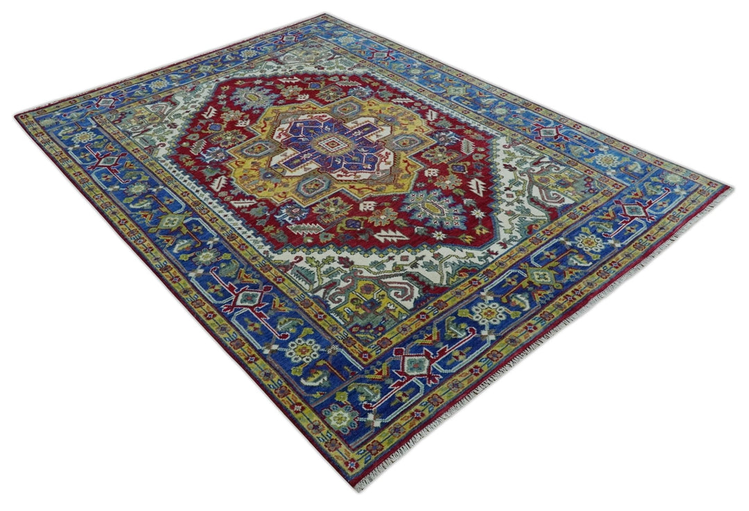 Blue, Red and Gold Hand Knotted Antique 5x8, 6x9, 8x10, 9x12, 10x14 and 12x15 Traditional Heriz Serapi Wool Rug | TRDCP1344 - The Rug Decor