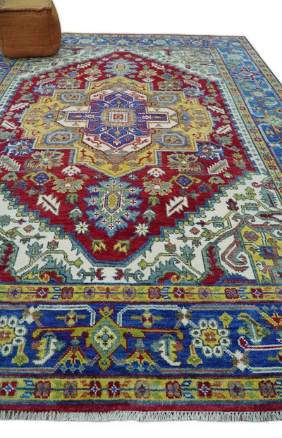 Blue, Red and Gold Hand Knotted Antique 5x8, 6x9, 8x10, 9x12, 10x14 and 12x15 Traditional Heriz Serapi Wool Rug | TRDCP1344 - The Rug Decor