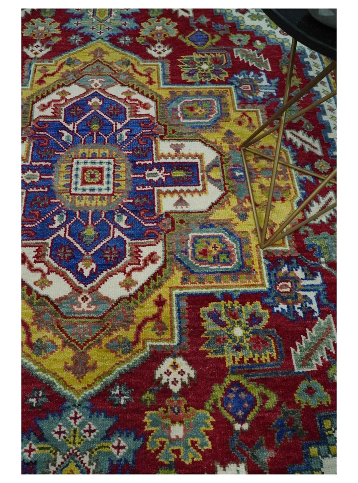 Blue, Red and Gold Hand Knotted Antique 5x8, 6x9, 8x10, 9x12, 10x14 and 12x15 Traditional Heriz Serapi Wool Rug | TRDCP1344 - The Rug Decor