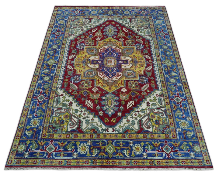 Blue, Red and Gold Hand Knotted Antique 5x8, 6x9, 8x10, 9x12, 10x14 and 12x15 Traditional Heriz Serapi Wool Rug | TRDCP1344 - The Rug Decor