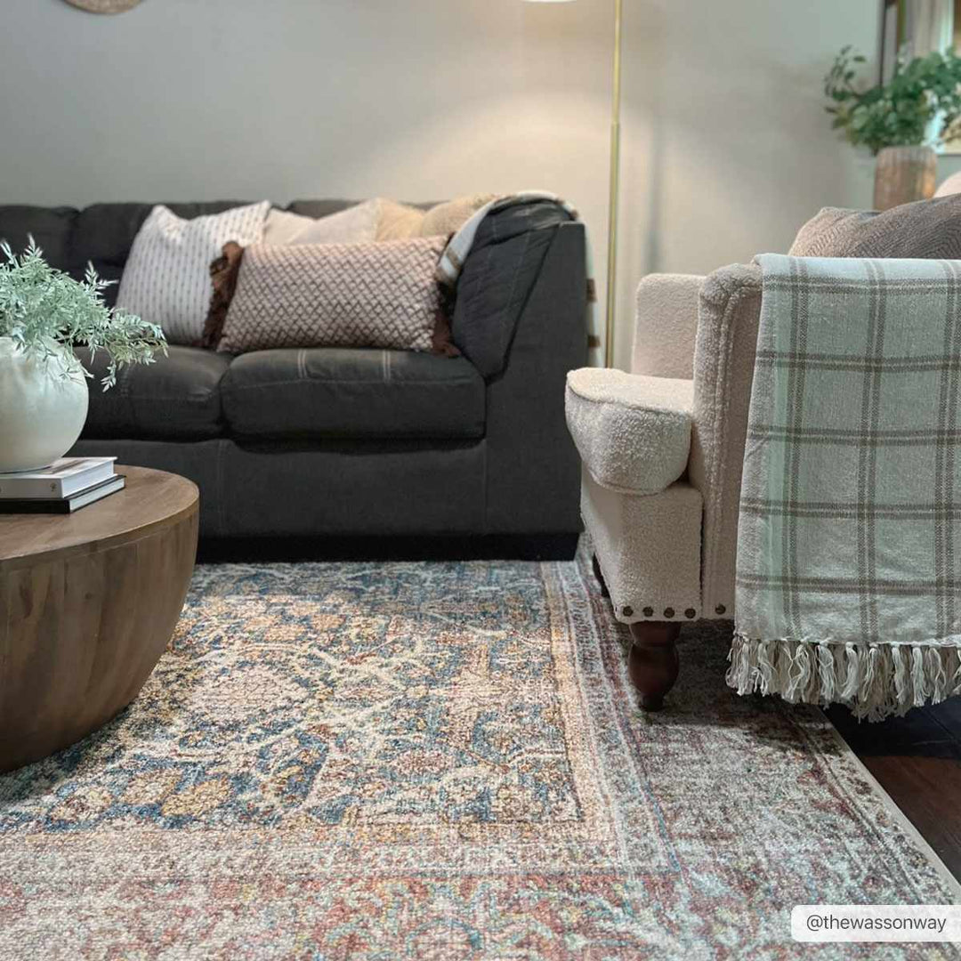 Blue, Rust, Ivory and Beige Traditional Oriental Oushak Washable Area Rug - The Rug Decor