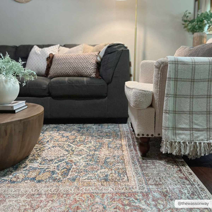 Blue, Rust, Ivory and Beige Traditional Oriental Oushak Washable Area Rug - The Rug Decor