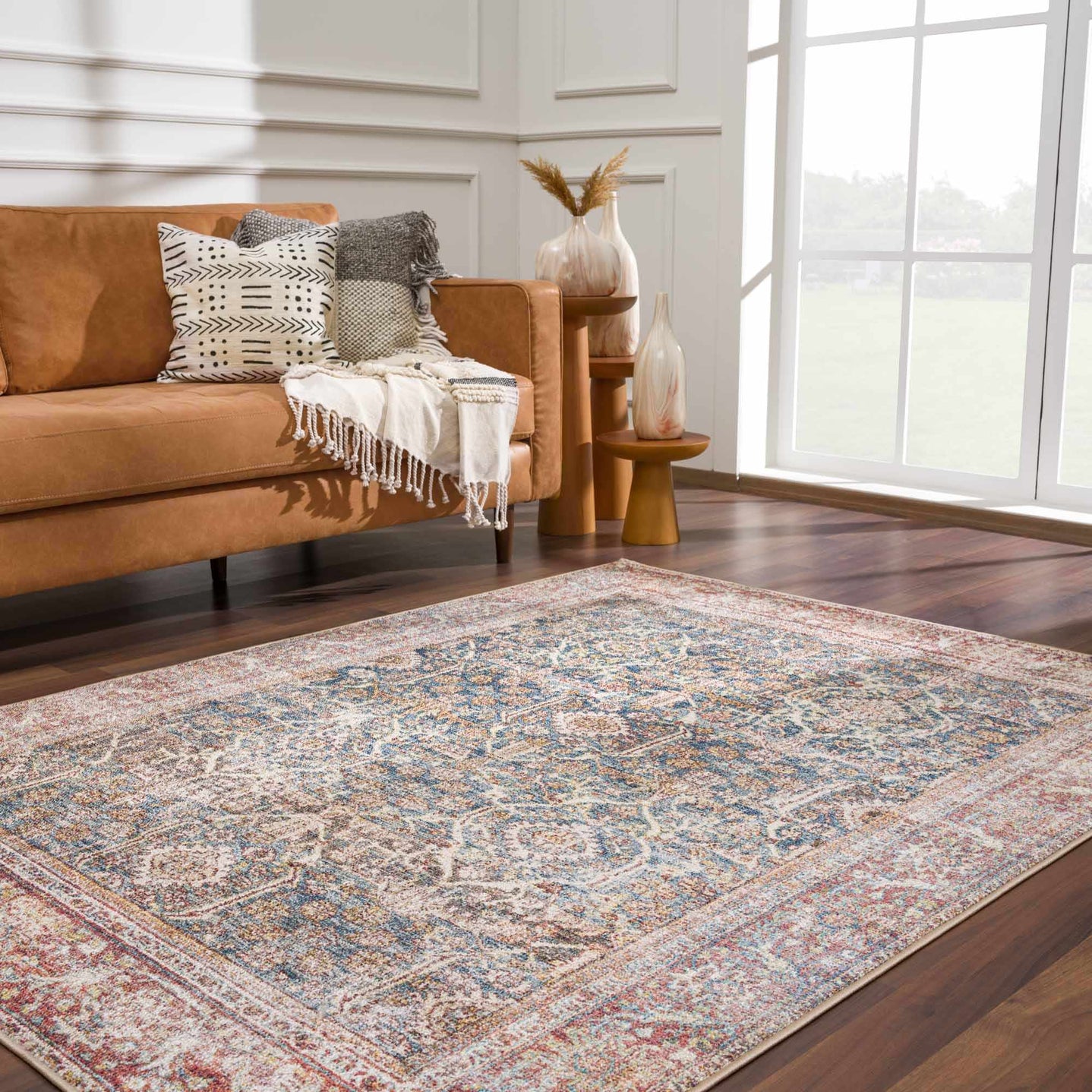 Blue, Rust, Ivory and Beige Traditional Oriental Oushak Washable Area Rug - The Rug Decor