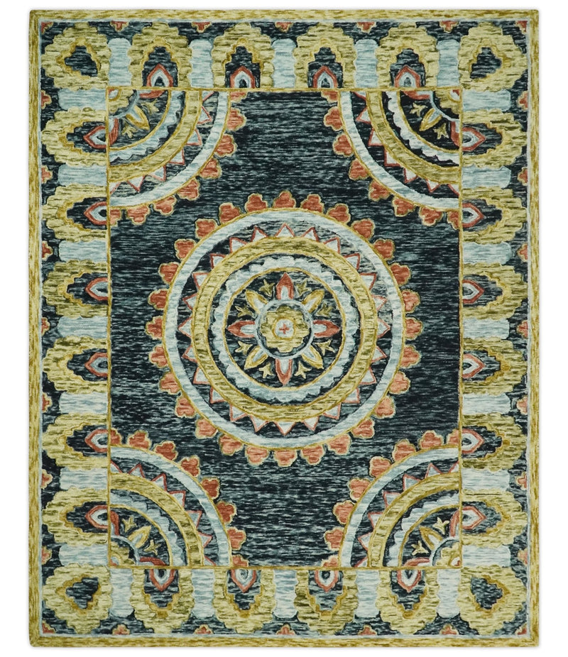 Bohemian 3x5, 5x8, 6x9 and 8x10 Hand Tufted Blue, Rust and Moss Gold Style Antique Wool Area Rug - The Rug Decor