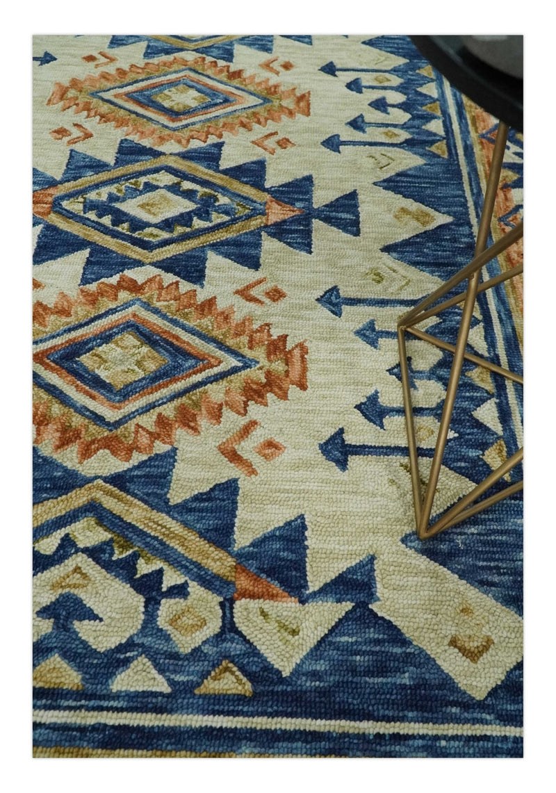 Bohemian 3x5, 5x8, 6x9 and 8x10 Tribal Southwestern Hand Tufted Blue, Gold and Beige Antique Style Wool Area Rug - The Rug Decor