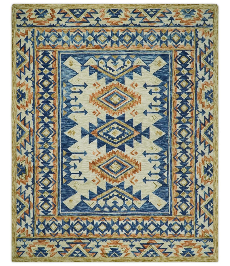 Bohemian 3x5, 5x8, 6x9 and 8x10 Tribal Southwestern Hand Tufted Blue, Gold and Beige Antique Style Wool Area Rug - The Rug Decor