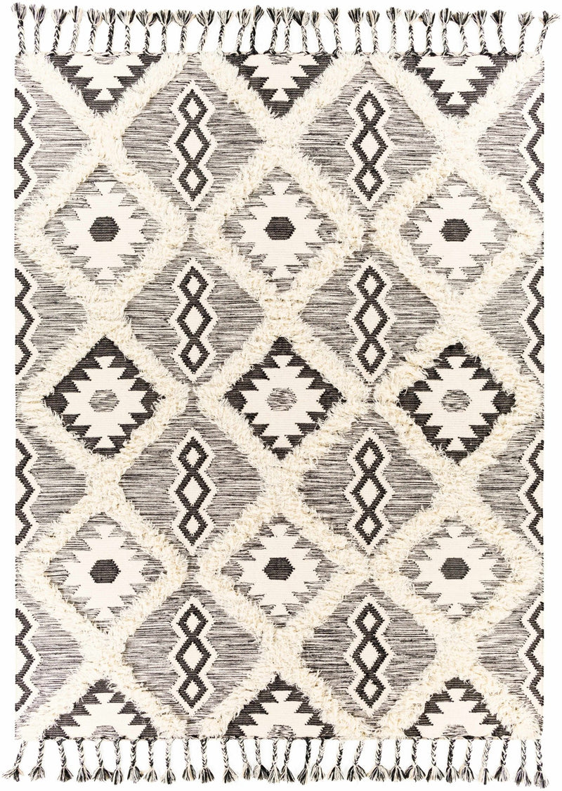 Bohemian Hand Woven Beige and Charcoal Geometrical High Low Design Wool Area Rug - The Rug Decor