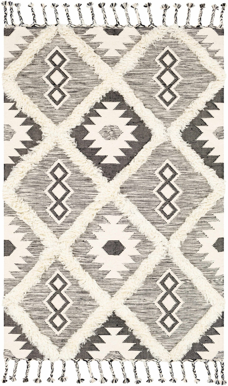 Bohemian Hand Woven Beige and Charcoal Geometrical High Low Design Wool Area Rug - The Rug Decor