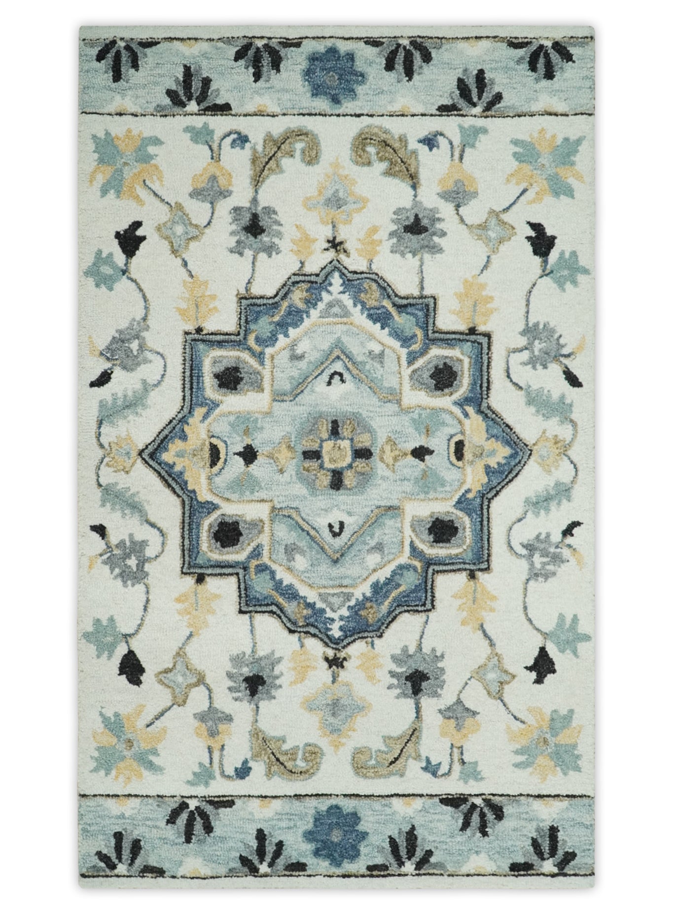 Boho Chick 3x5, 5x8, 6x9 and 8x10 Hand Tufted Blue, Camel and Ivory Medallion Wool Area Rug - The Rug Decor