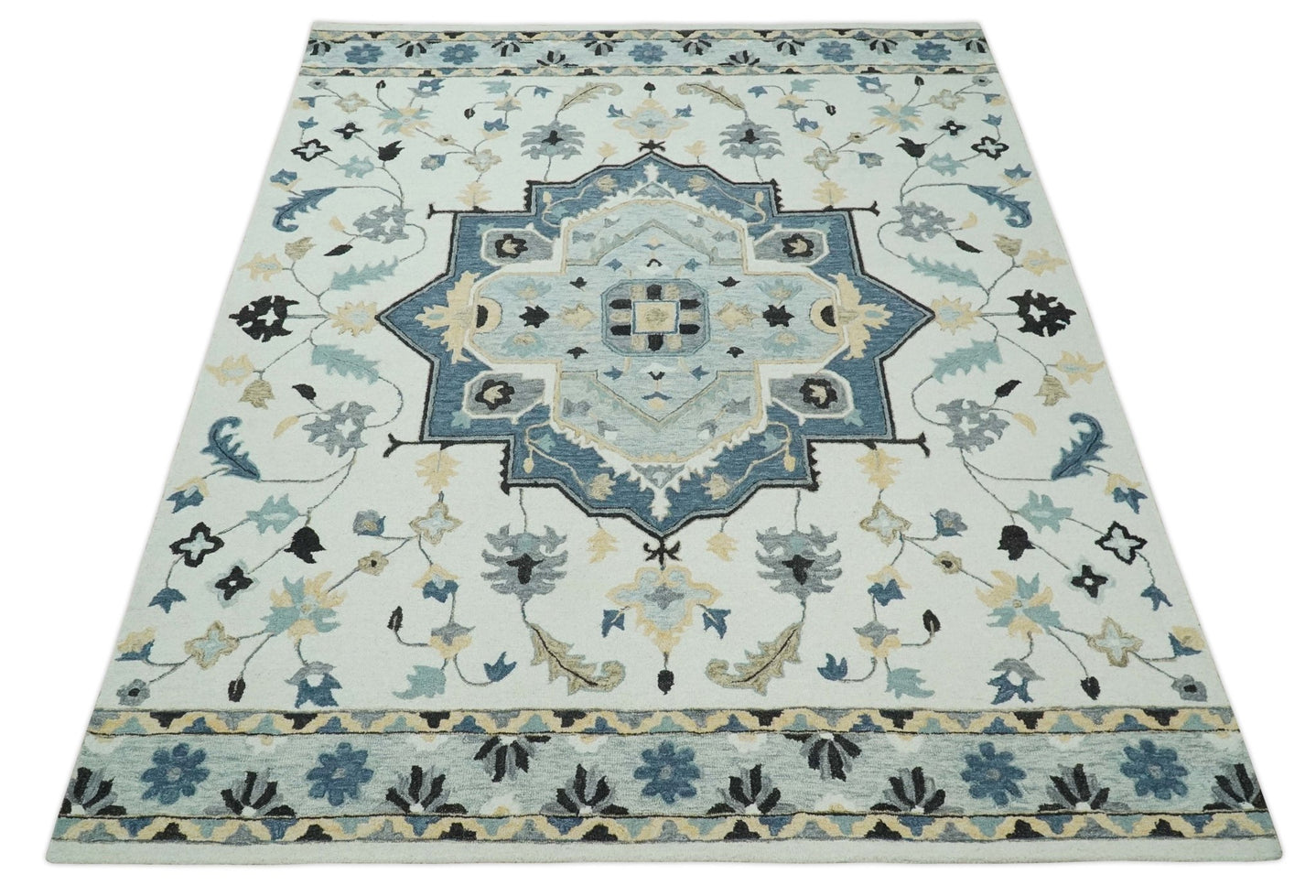 Boho Chick 3x5, 5x8, 6x9 and 8x10 Hand Tufted Blue, Camel and Ivory Medallion Wool Area Rug - The Rug Decor