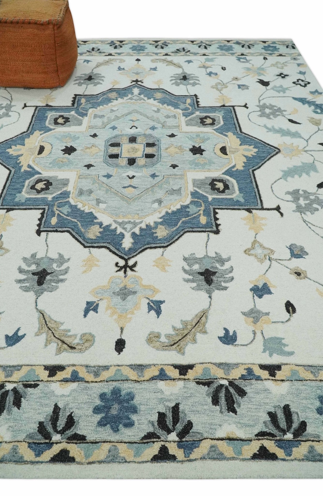 Boho Chick 3x5, 5x8, 6x9 and 8x10 Hand Tufted Blue, Camel and Ivory Medallion Wool Area Rug - The Rug Decor