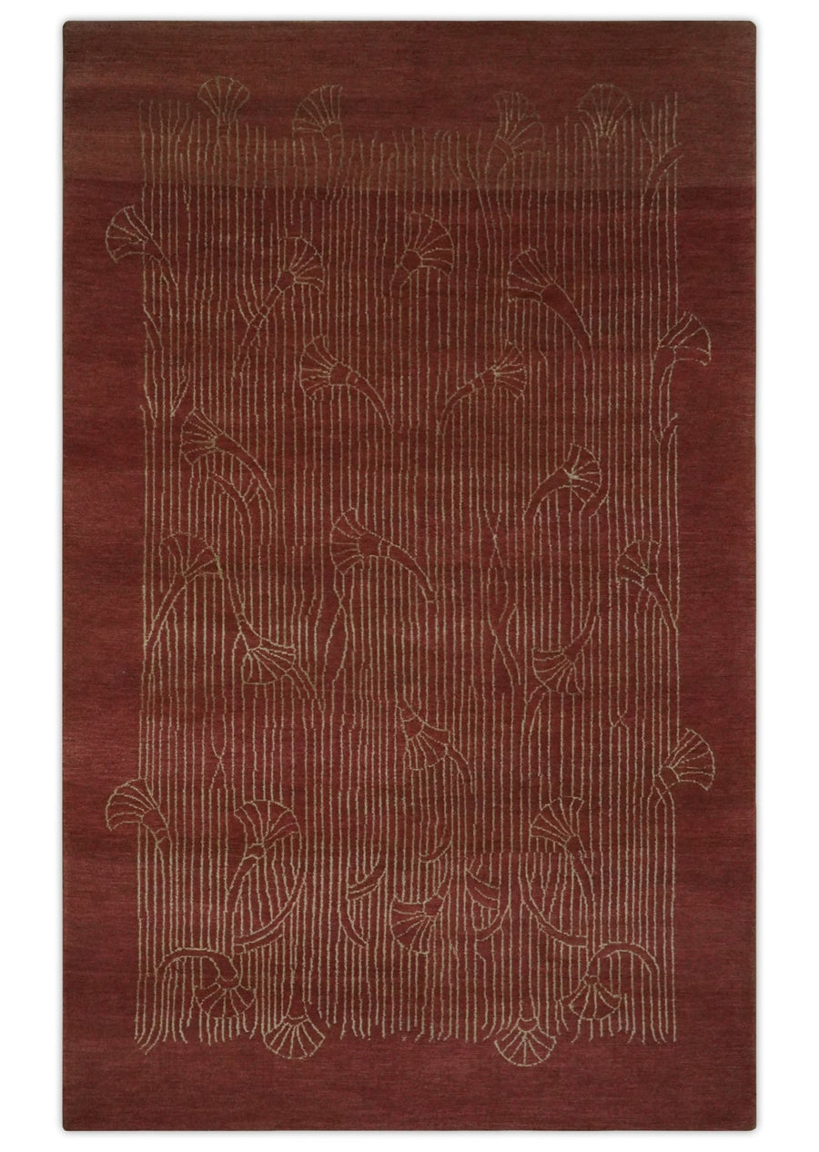 Brown and Gold Modern Stripes Shehnai Print 5x8 Hand loom wool and Art Silk Area Rug - The Rug Decor